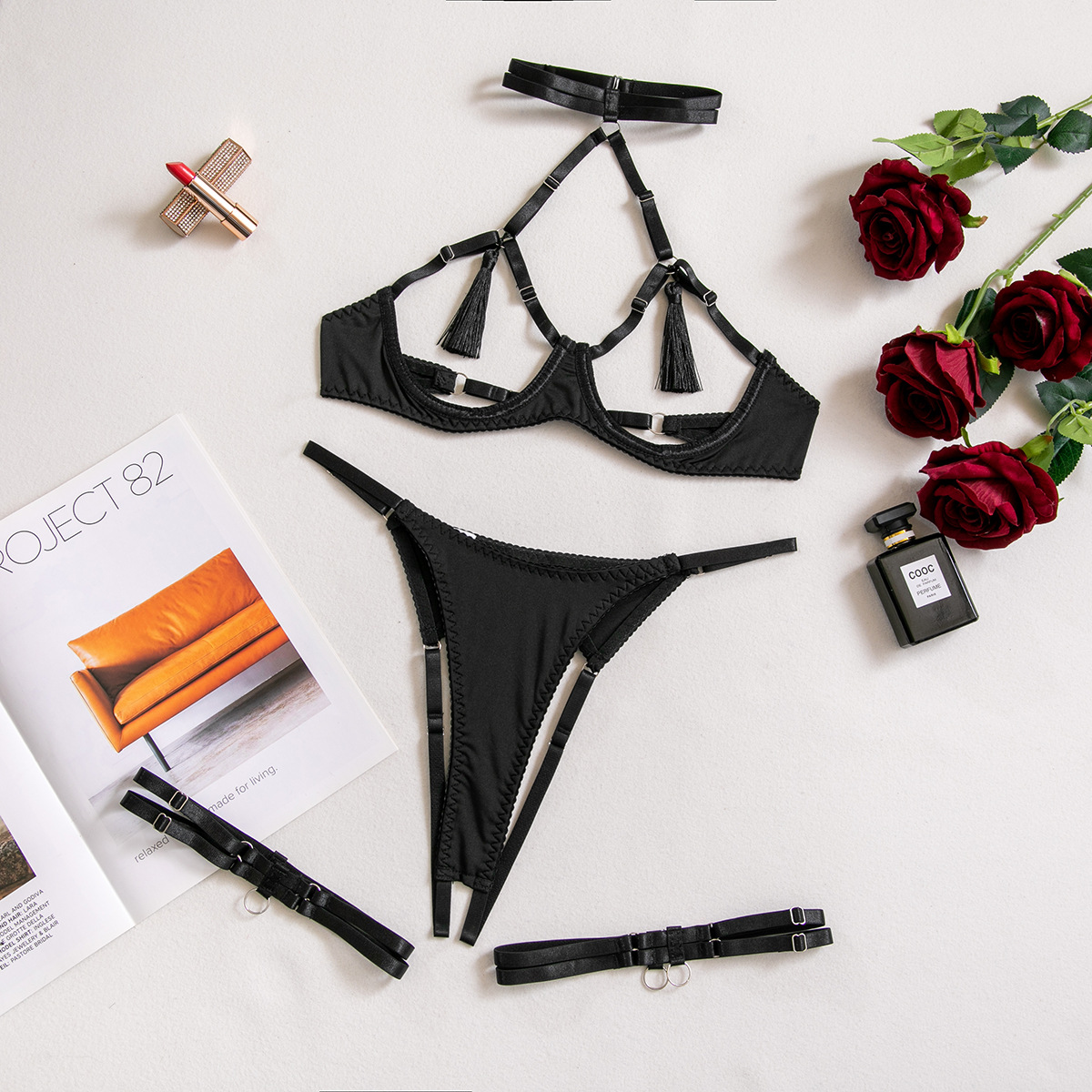 Hollow-Out Revealing Fringe Seductive Open-Crotch Sexy Lingerie