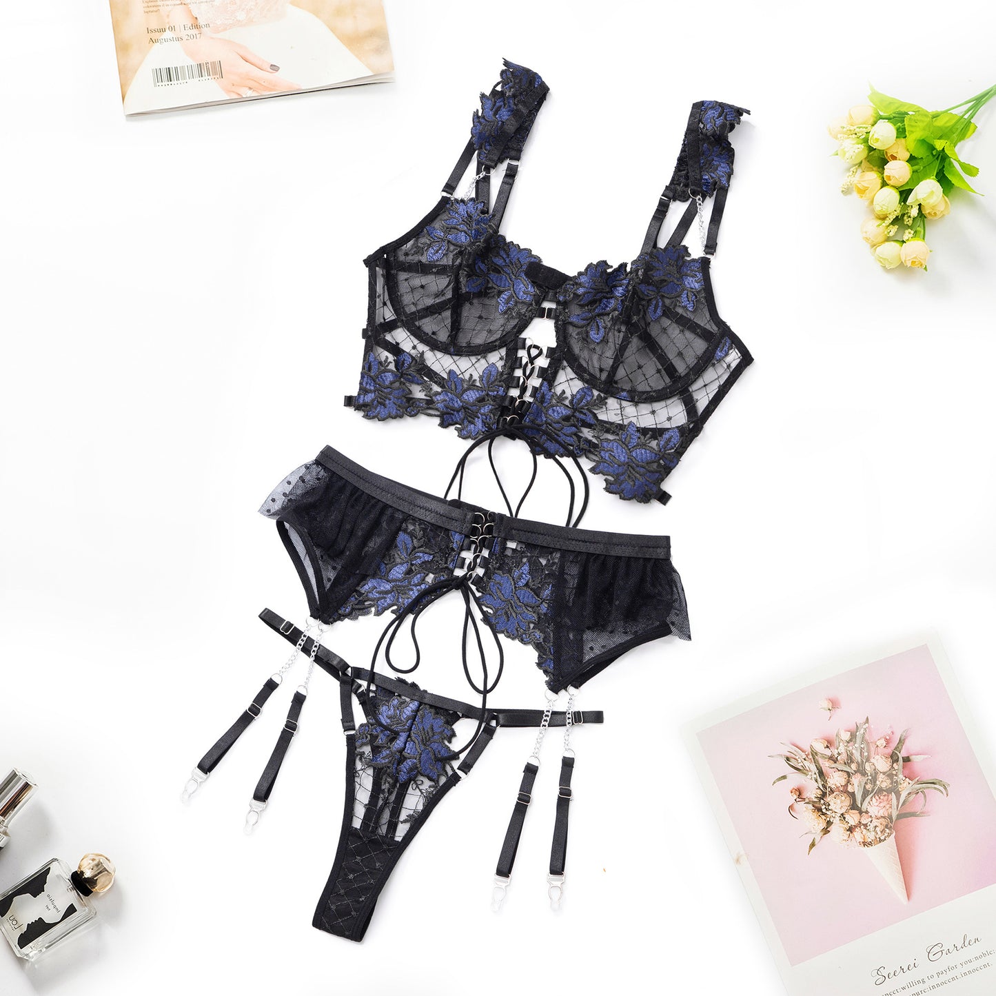 Black&Blue Lace Tie Adjustable Sculpting Body Lingerie Set