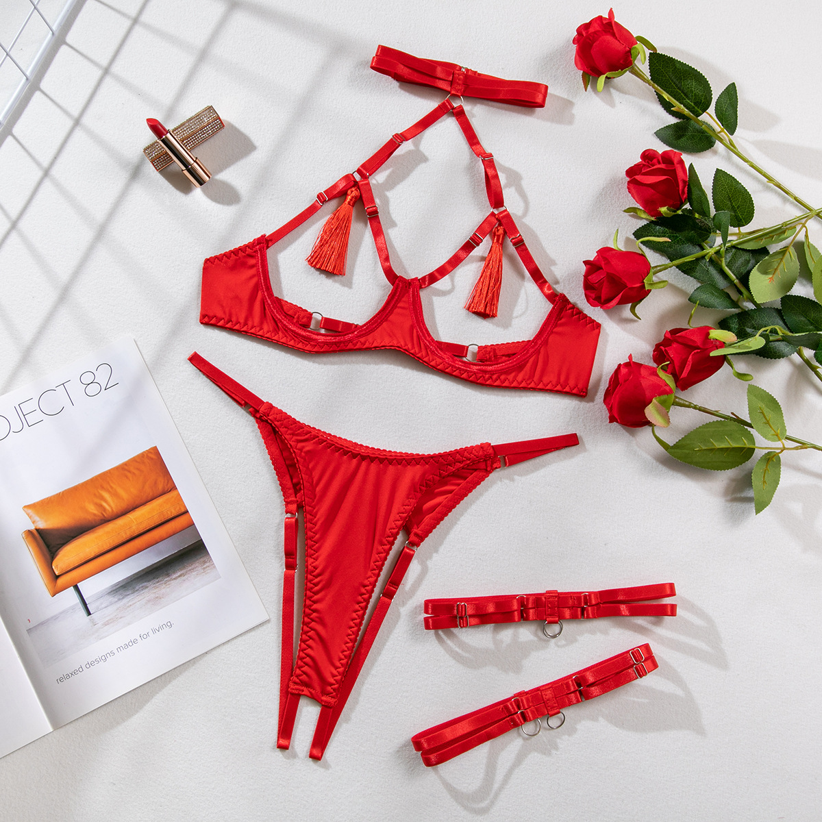 Hollow-Out Revealing Fringe Seductive Open-Crotch Sexy Lingerie