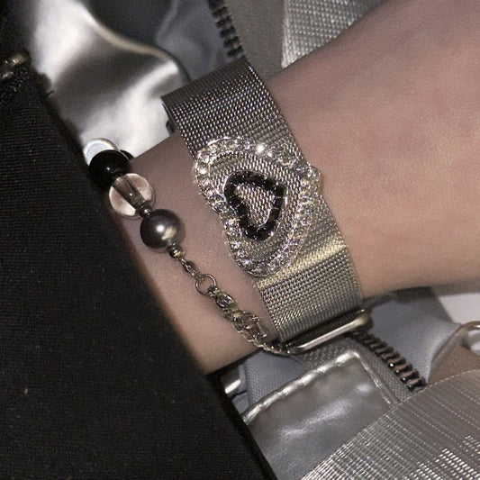 Shiny Heart-Shaped Rhinestone Bracelet for Women – Ins Style Stainless Steel Mesh Band, Trendy Minimalist Couple Gift