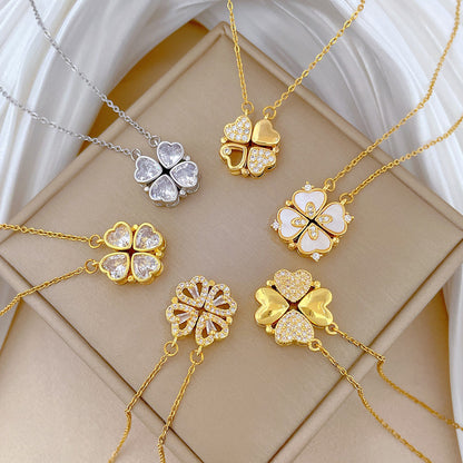 ✨ Heart-Shaped Four-Leaf Clover Necklace Elegant Zircon Pendant✨