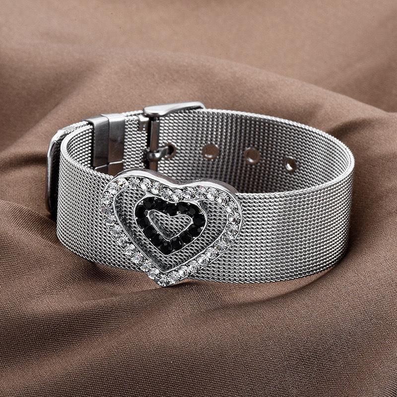 Shiny Heart-Shaped Rhinestone Bracelet for Women – Ins Style Stainless Steel Mesh Band, Trendy Minimalist Couple Gift
