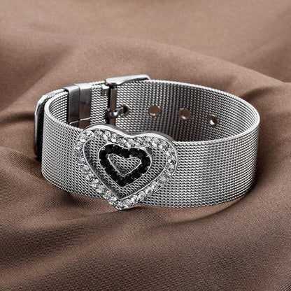 Shiny Heart-Shaped Rhinestone Bracelet for Women – Ins Style Stainless Steel Mesh Band, Trendy Minimalist Couple Gift