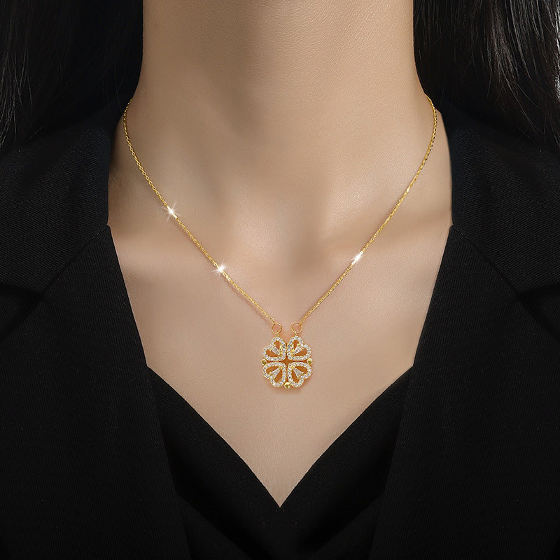 ✨ Heart-Shaped Four-Leaf Clover Necklace Elegant Zircon Pendant✨