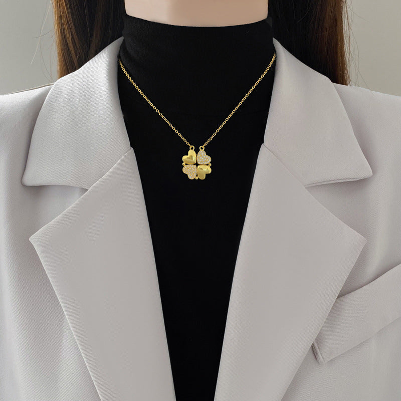 ✨ Heart-Shaped Four-Leaf Clover Necklace Elegant Zircon Pendant✨