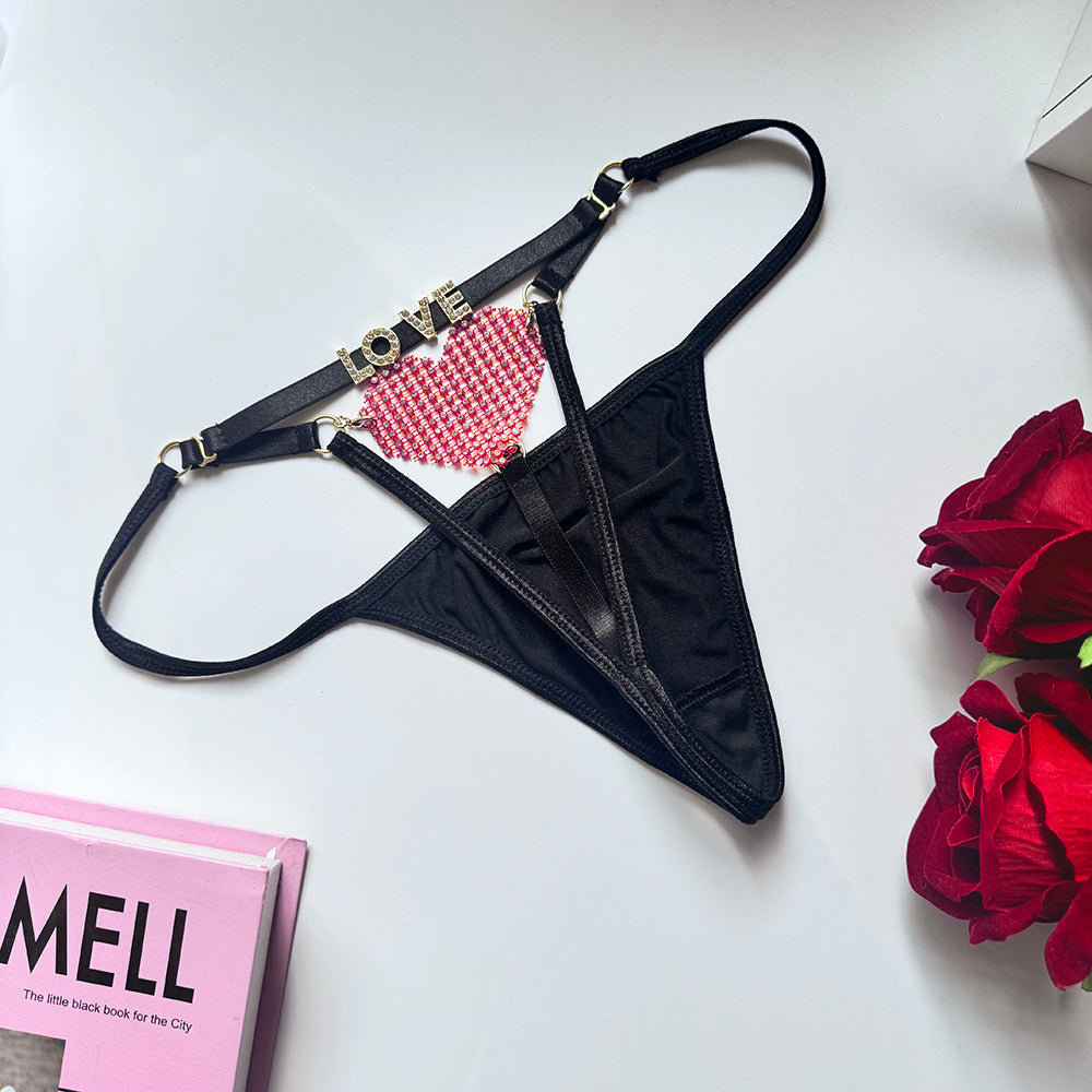 Gold Crystal-Studded Letters + Ruby Heart Pendant Low-Rise Thong T087