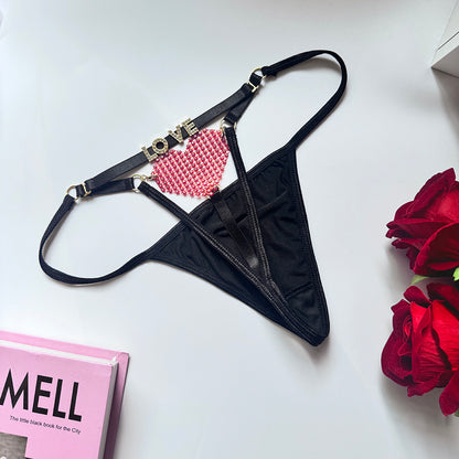 Gold Crystal-Studded Letters + Ruby Heart Pendant Low-Rise Thong T087