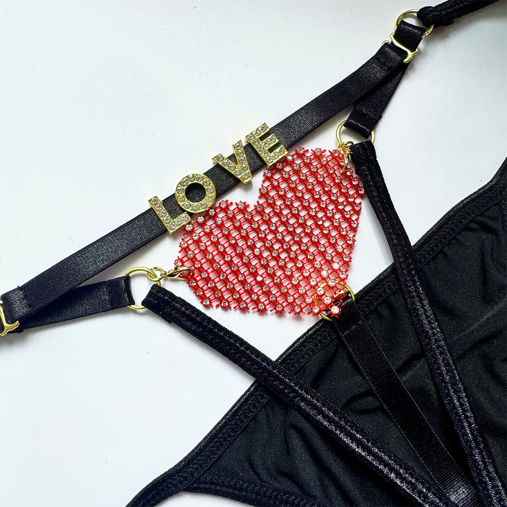 Gold Crystal-Studded Letters + Ruby Heart Pendant Low-Rise Thong T087